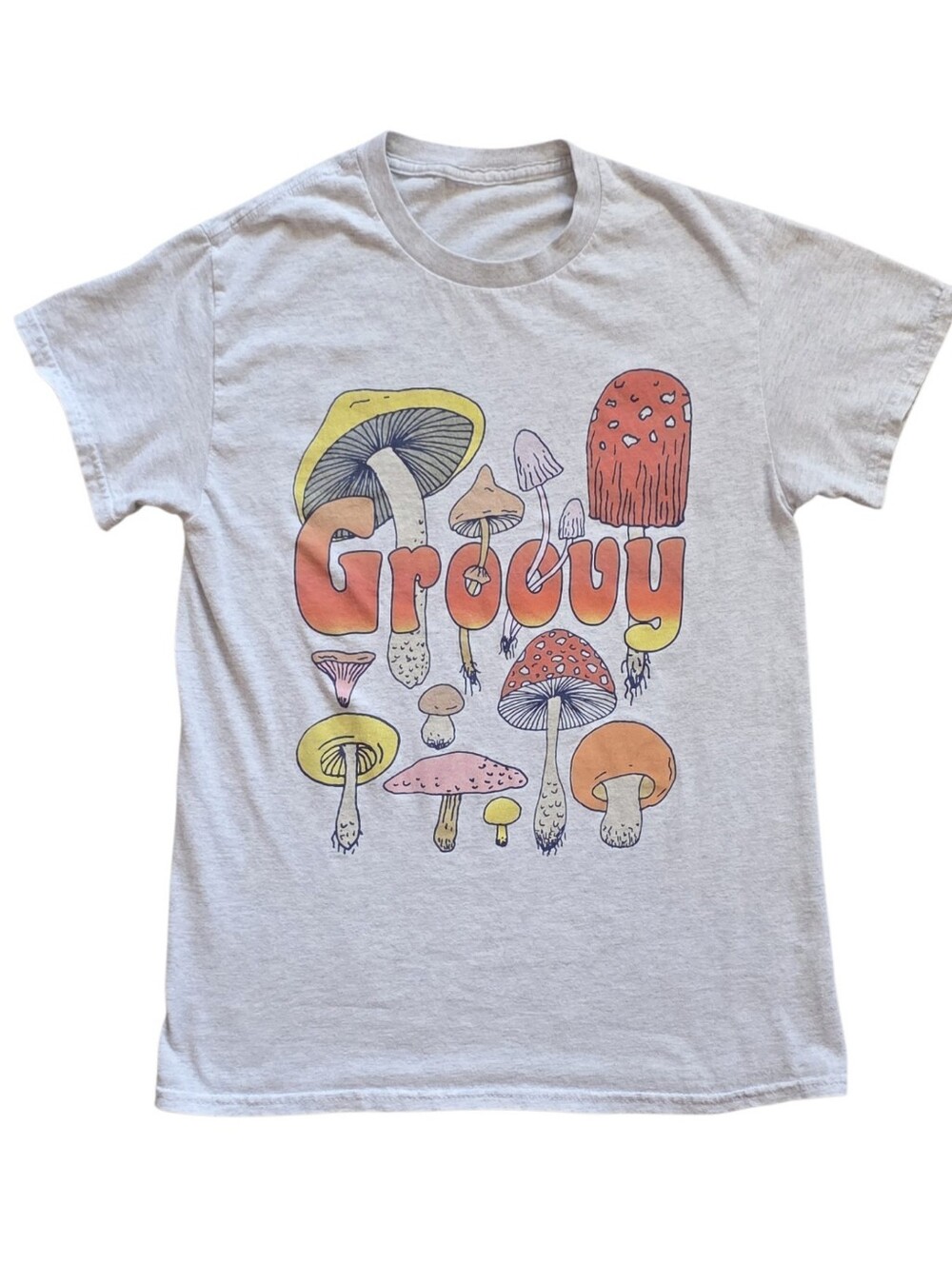 Groovy Mushroom Unisex Small or Medium Gray Vintage 70s Vibe Boho Tee Shirt